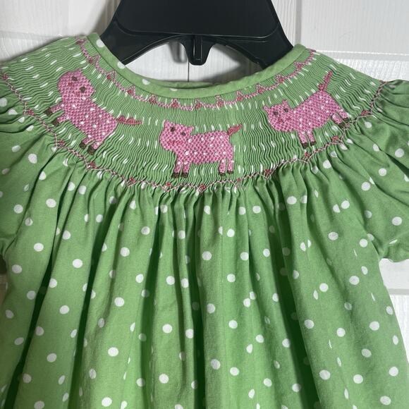 Castles & Crowns Dress Girls 2 Green White Polka Dot Smocked Short Sleeve Midi - Picture 2 of 6